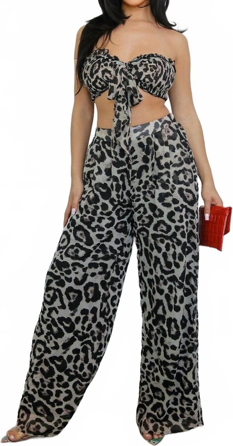 Little Secret Of Mine Women's Into The Wild Animal Sleeveless Tie Crop Wide Leg Pant Set In Multi