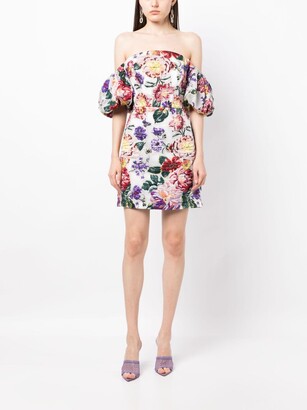 Marchesa Notte Floral-Embroidered Off-Shoulder Minidress