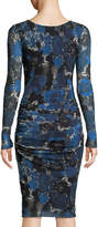 Thumbnail for your product : Fuzzi Long-Sleeve Floral Lace-Print Tulle Shirred Dress