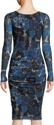 Fuzzi Long-Sleeve Floral Lace-Print Tulle Shirred Dress