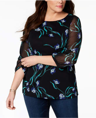 Charter Club Plus Size Floral-Print Mesh Top, Created for Macy's