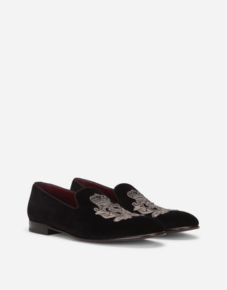 Dolce & Gabbana Velvet slip-on shoes with coat of arms embroidery