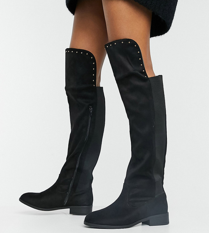 Simply Be extra wide fit knee high flat boot in black - ShopStyle