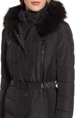 MICHAEL Michael Kors Belted Down Puffer Jacket with Faux Fur Trim