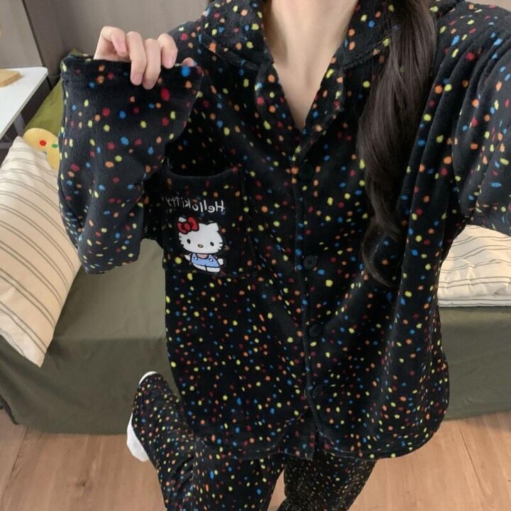 SANRIO Ins Hello Kitty Women & apos;s Pajamas Fleece Lined Thickened Coral Fleece Student Homewear Autumn Winter Cute Cartoon Nightwear Set