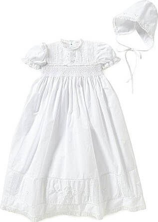 Baby Girls Smocked Lace-Trimmed Embroidered Christening Gown and Hat Set