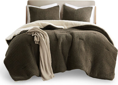 Kivaritio Twin Comforter With Waffle Knit Chenille Fabric, 100% , 2 Shams, Reverse, Machine Washable, Brown Size Bedding , & Fill, Back, Wash, Brownish
