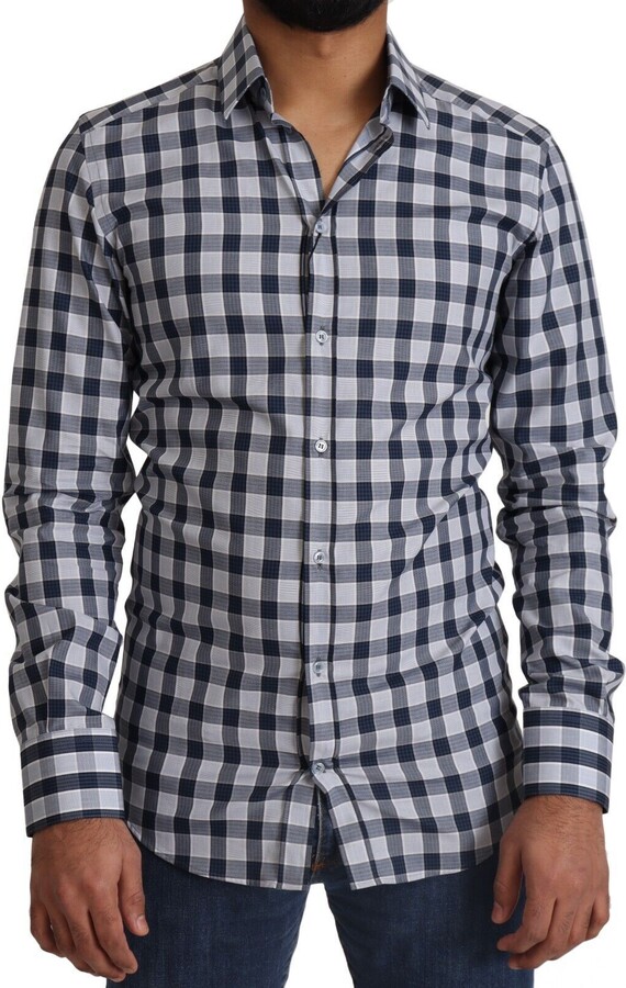 Dolce & Gabbana Elegant Blue & White Checkered Slim Fit Dress Men's