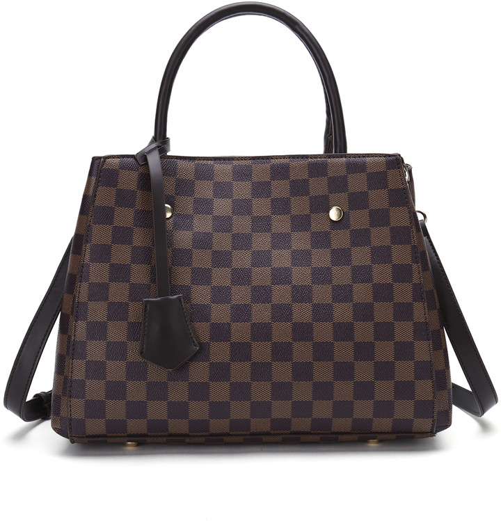 Daisy Rose Checkered Tote Shoulder Bag with Inner Pouch - PU Vegan Brown