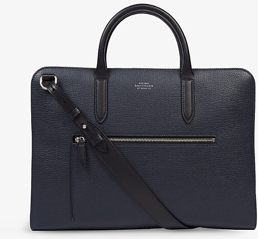 Smythson Mens Navy Ludlow Ultra-Slim Grained-Leather Briefcase
