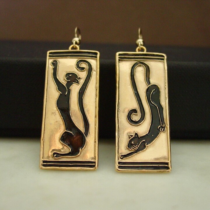 Etsy Elegant Hand-Carved Black Cat Earrings - Art Deco Cloisonne Jewelry Stretching Feline Design