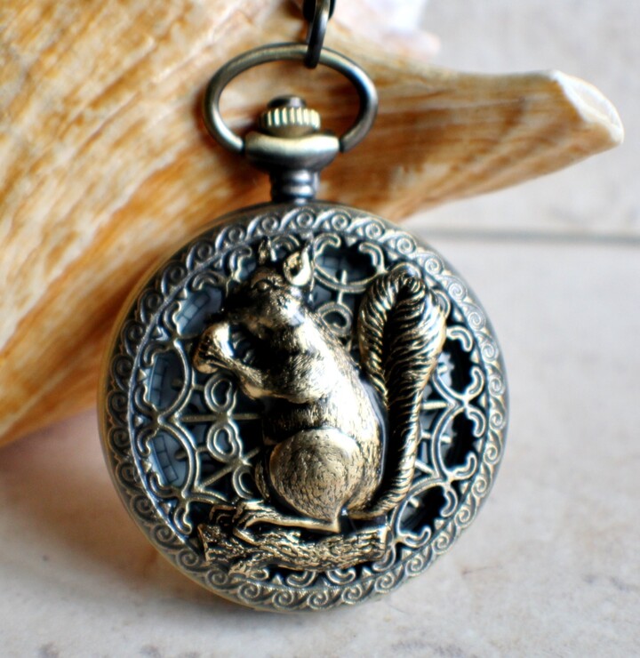 Etsy Squirrel Pocket Watch Antique Bronze Mens Watch With Tiger Eye Chain