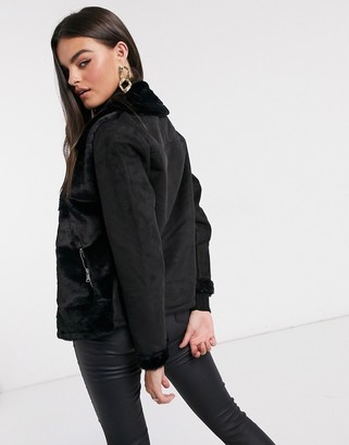 AX Paris fur panelled biker jacket in black