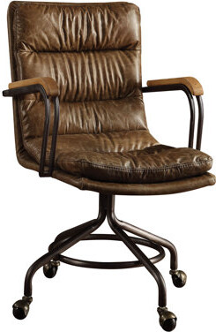 17 Stories Vintage Whiskey Leather Swivel Office Chair With Stable 4 Base Ergonomic Back And