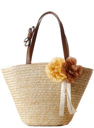 Donalworld Woen Flower Bow Woven Beach Straw Shoulder Handbags