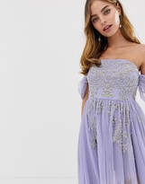 Thumbnail for your product : Dolly & Delicious Petite off shoulder mini embellished prom dress with train detail in lilac