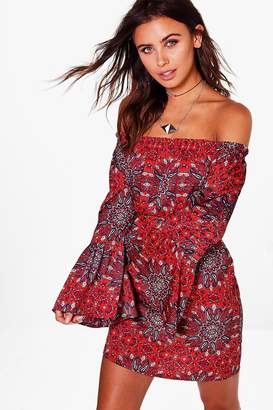 boohoo Petite Claire Woven Paisley Off The Shoulder Dress