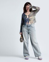 Thumbnail for your product : Topshop 2 Tone Mesh Long Sleeve Cut Out Top In Multi T-shirt Sage Green
