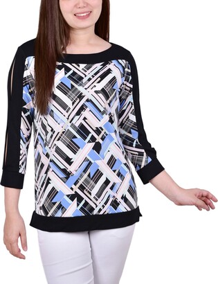 NY Collection Petite Contrast Band Tunic with Sleeve Cut-outs