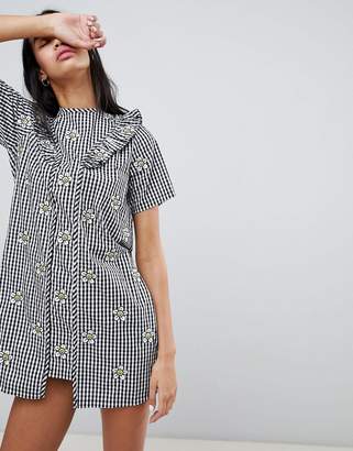 Lazy Oaf Gingham Dress With Floral Embroidery
