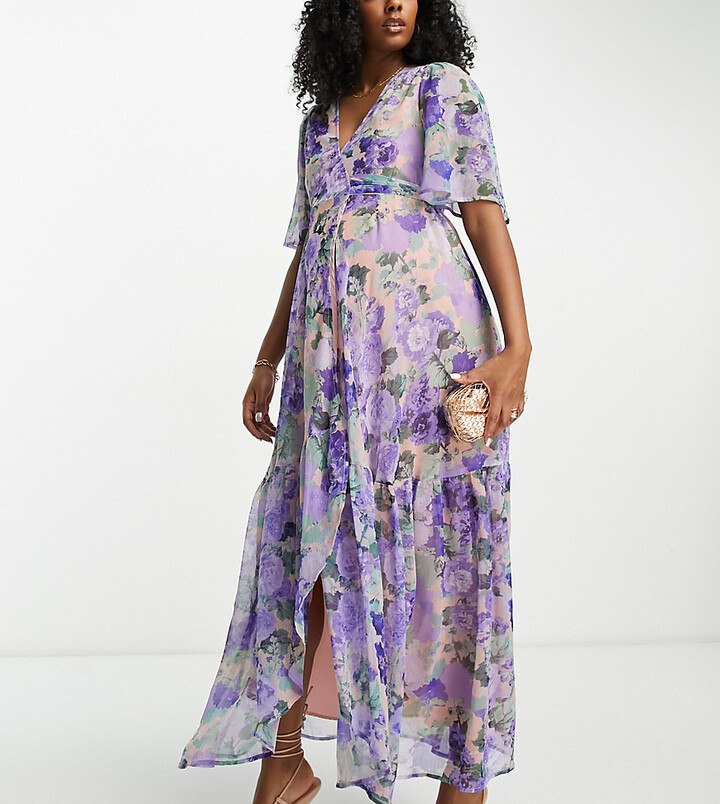 Hope & Ivy Maternity flutter sleeve wrap maxi dress in blue floral ...