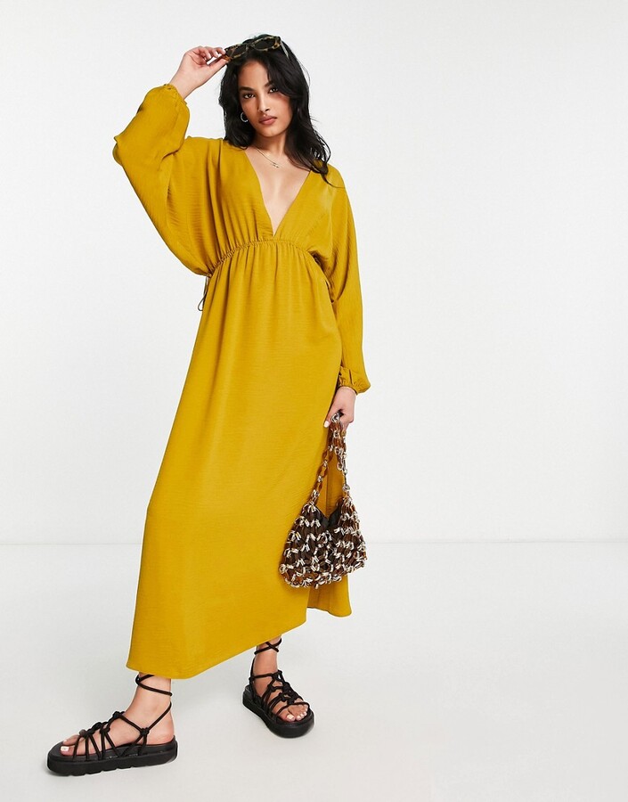 ASOS DESIGN batwing sleeve elastic waist maxi dress in ochre ShopStyle