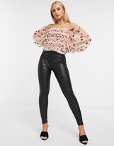 Thumbnail for your product : Lace & Beads exclusive bardot ruffle top with sheer balloon sleeves in glitter heart print