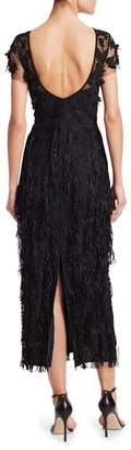 David Meister Short Sleeve Embroidered Tassel Lace Gown
