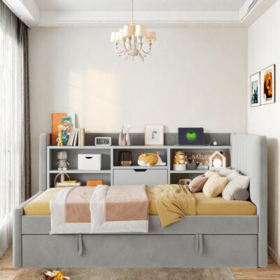Latitude Run Upholstered Daybed With Trundle Storage Shelves Usb & Outlet And Vertical Striped Design