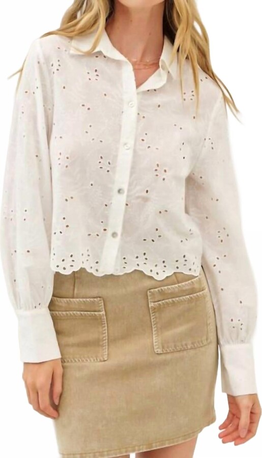 Idem Ditto Embroidered Cotton Eyelet Button Down Shirt In Off White