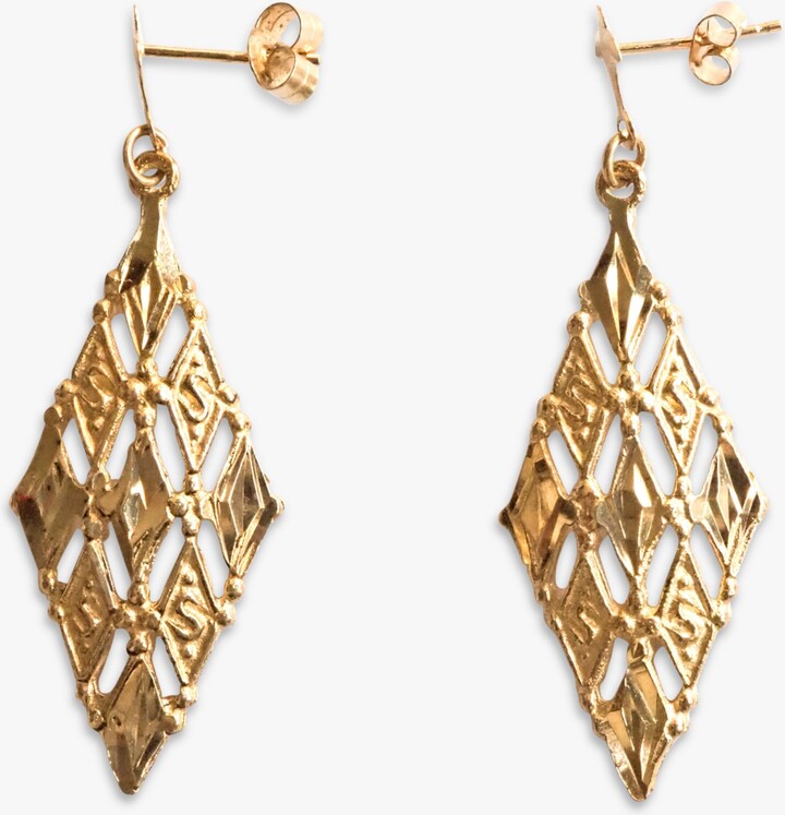 L & T Heirlooms Second Hand 9ct Gold Large Diamond Shaped Drop Earrings
