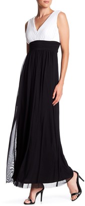 Marina Plunging Colorblock V-Neck Chiffon Gown