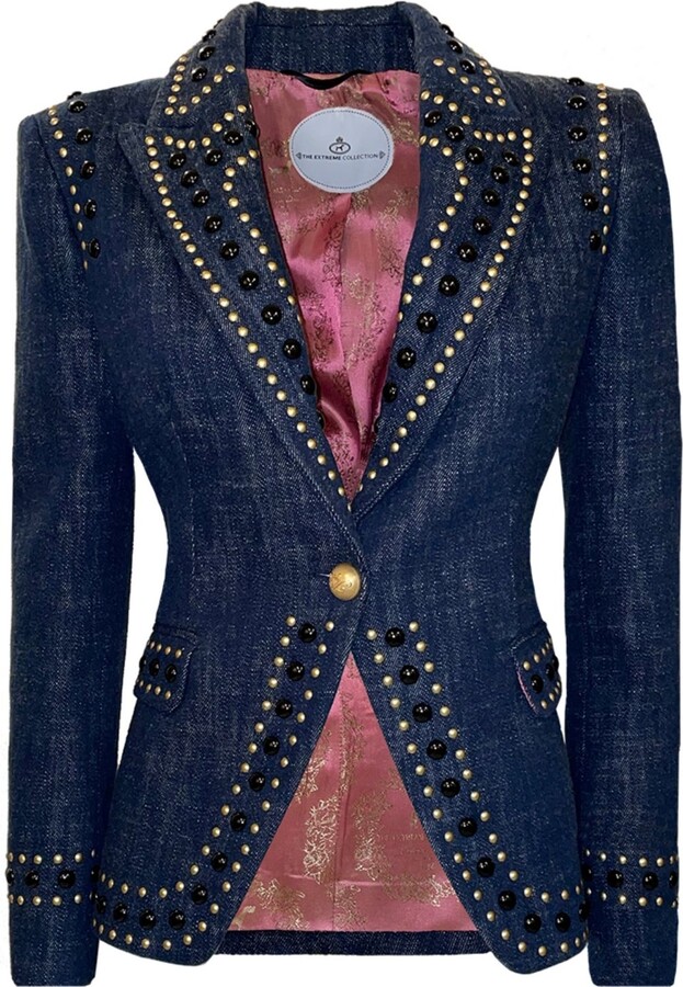 The Extreme Collection Blue Fitted Denim Blazer With Gold Studs And Pink Jacquard Lining