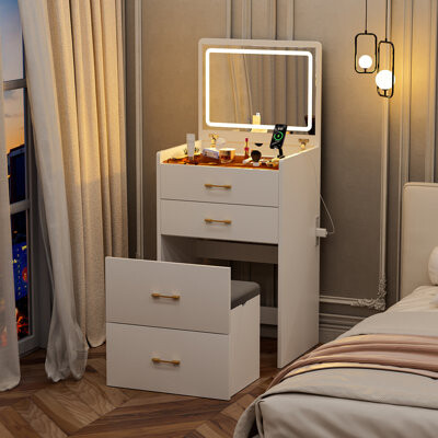 3 In 1 Vanity Desk With Open Top Mirror,Make Up Vanity Set With Visible Glass Desktop,Compact Makeup Vanity With 3 Drawers And Stool,Dressing Table Fo