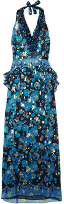 Anna Sui Curtain Of Stars Printed Fil Coupé Silk-blend Chiffon Halterneck Dress - Blue