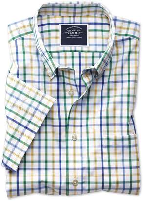 Charles Tyrwhitt Slim Fit Non-Iron Green Multi Check Short Sleeve Cotton Casual Shirt Single Cuff Size Large