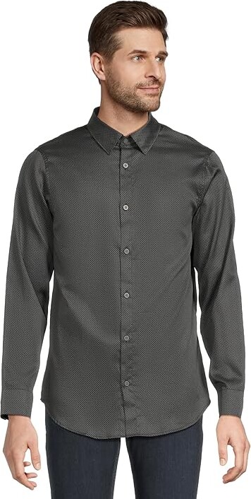 Armani Exchange All Over Print Stretch Cotton Satin Button Down Men's T Shirt Deep Navy Sloped Pat : MD