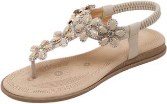 BIGTREE Women Thong Sandals Summer Beach Bohemian Shiny Rhinestone Flower Flats Sandals