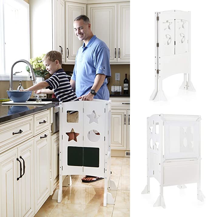 Guidecraft Classic Kitchen Helper Stool - White W/Keeper and Non-Slip Mat: Foldable, Adjustable Height Safety Cooking Stool for Toddlers with Chalkboard and Whiteboard Message Boards