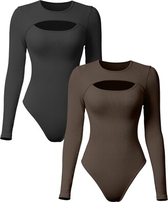 MuziZy Womens 2 Piece Sexy Ribbed Bodysuits Long Sleeve Cut Out Crew Neck  Body Suit High Stretch Slim Fit Leotards Top (M - ShopStyle Shapewear