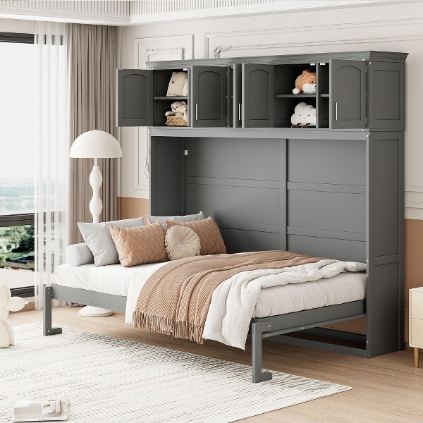 ModernLuxe QueenSizeWoodenMurphyBedWallBedwithTopCabinets4SGray