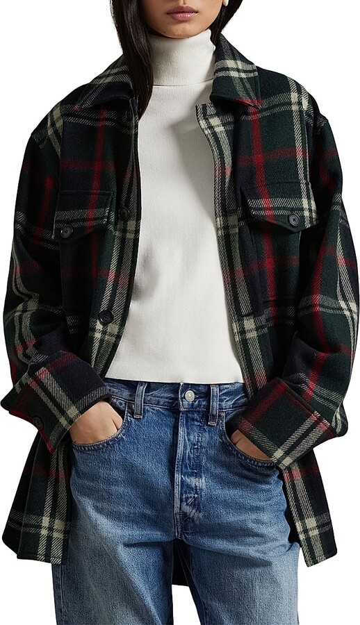 Women's Plaid Wool-Blend Oversized Shirt Jacket - Green Blue - Size Large