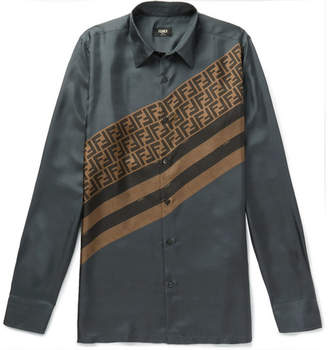 Fendi Slim-fit Logo-print Silk-twill Shirt - Navy