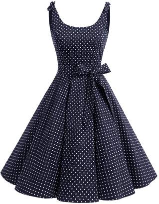 Bbonlinedress Women's 1950's Vintage Retro Bowknot Polka Dot Rockabilly Swing Dress RoyalBlue S