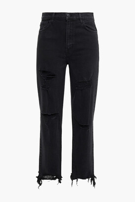 J Brand Jules leather-trimmed distressed high-rise straight-leg jeans