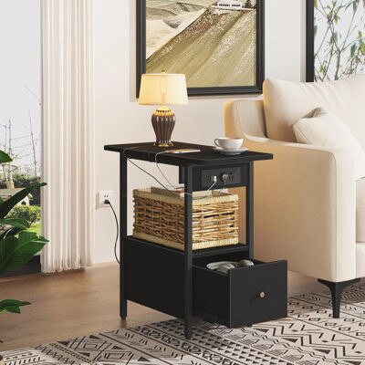 IRONKY End Table with Charging Station, Narrow Side Table with Drawer and USB Ports & Power Outlets