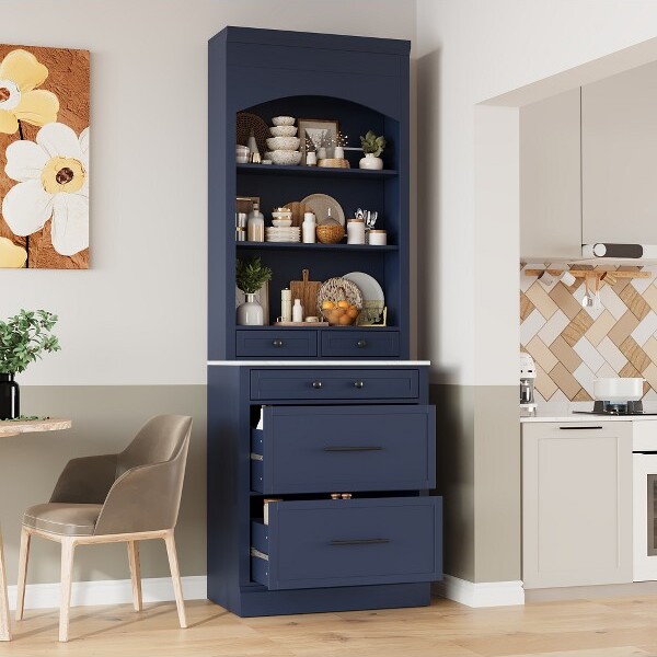 Harper&Bright Designs FreestandingKitchenPantryStorageCabinetwithDrawersandShelvesTallKitchenHutchwithFauxMarbleTopBlue