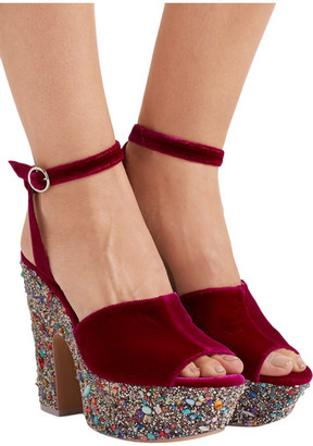 Sophia Webster Havisham Embellished Velvet Platform Sandals - Burgundy