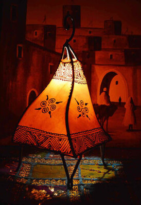 Handmade Moroccan Leather Table Lamp with Henna Design Orange Arias