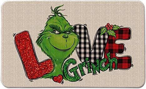 TITOR MODE Love Grinch Decorative Doormat 17" x 29" Christmas Decor Durable Floor Mat Non-Slip Low-Profile The Grinch Buffalo Plaids Welcome mat for Indoor Outdoor Balcony Patio